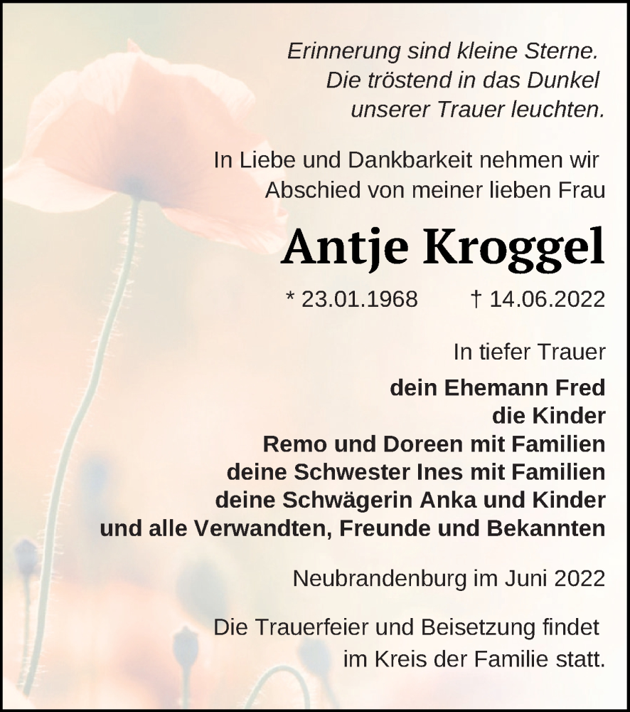  Traueranzeige für Antje Kroggel vom 21.06.2022 aus Neubrandenburger Zeitung