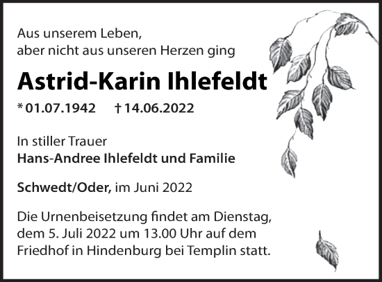 Traueranzeige von Astrid-Karin Ihlefeldt von Templiner Zeitung