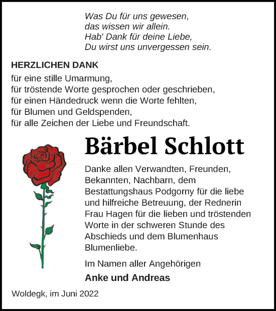 Traueranzeige von Bärbel Schlott von Strelitzer Zeitung