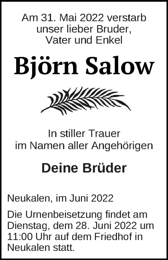 Traueranzeige von Björn Salow von Mecklenburger Schweiz