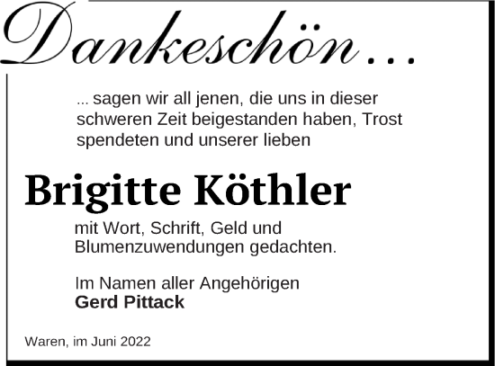 Traueranzeige von Brigitte Köthler von Müritz-Zeitung