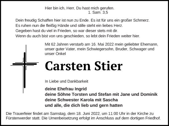 Traueranzeige von Carsten Stier von Prenzlauer Zeitung