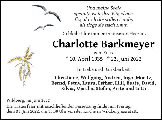 Traueranzeige von Charlotte Barkmeyer von Neubrandenburger Zeitung