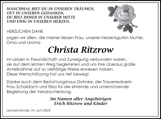 Traueranzeige von Christa Ritzrow von Haff-Zeitung