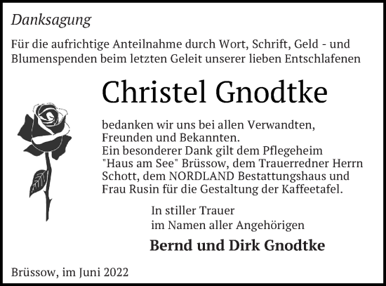 Traueranzeige von Christel Gnodtke von Prenzlauer Zeitung