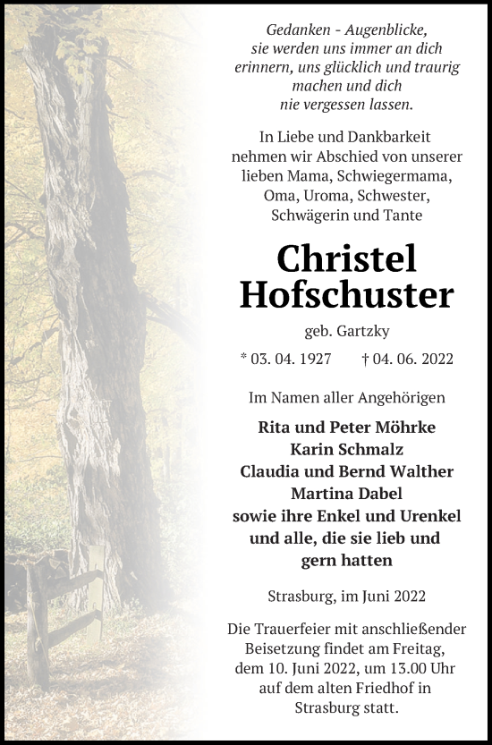 Traueranzeige von Christel Hofschuster von Pasewalker Zeitung