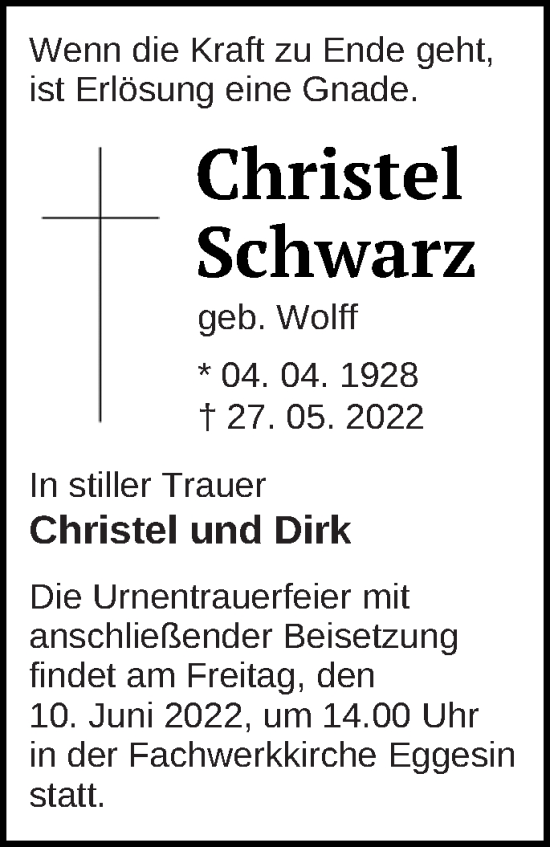 Traueranzeige von Christel Schwarz von Haff-Zeitung