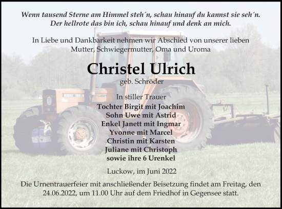 Traueranzeige von Christel Ulrich von Haff-Zeitung