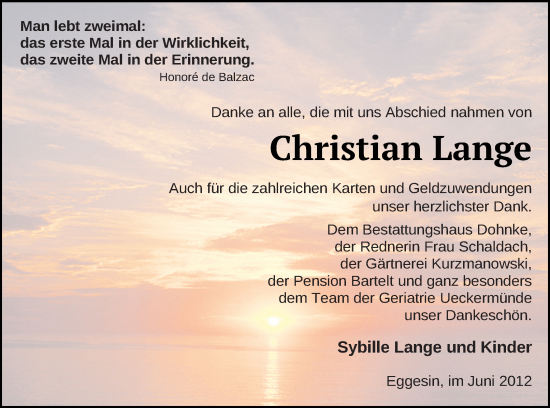 Traueranzeige von Christian Lange von Vorpommern Kurier