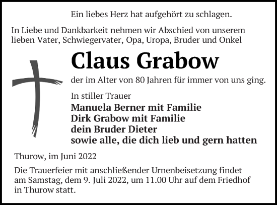 Traueranzeige von Claus Grabow von Strelitzer Zeitung