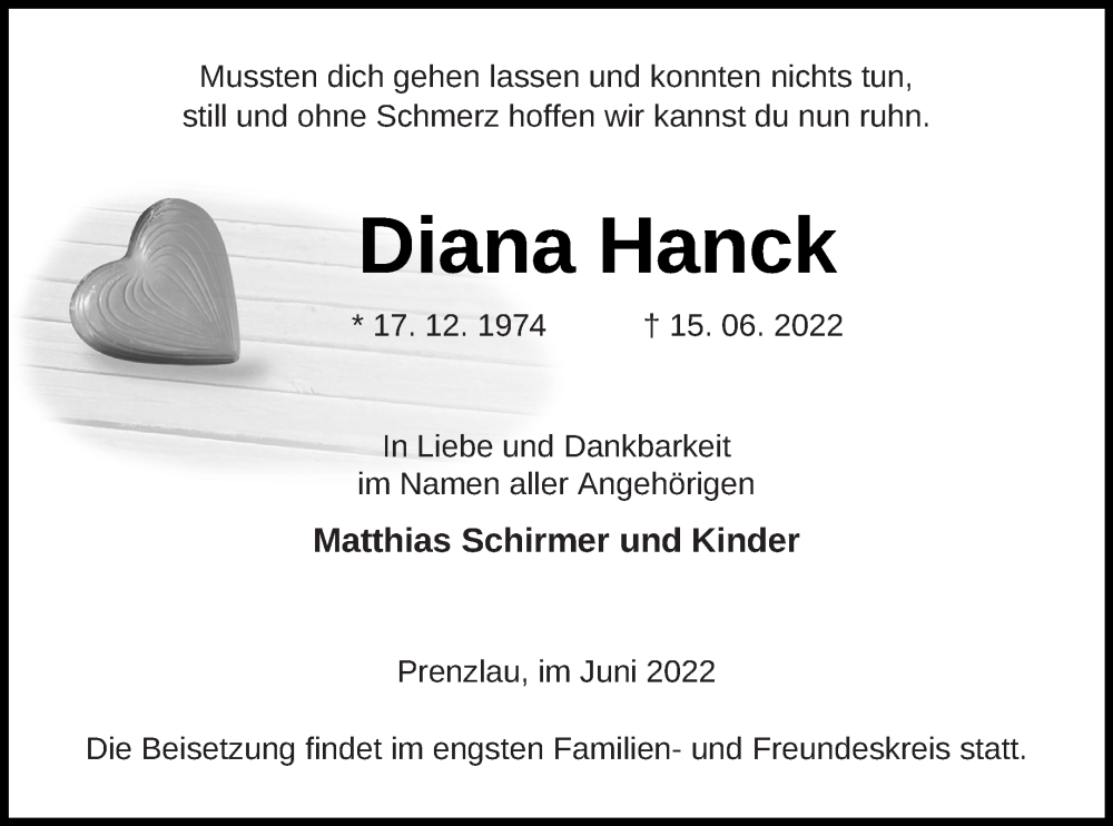  Traueranzeige für Diana Hanck vom 17.06.2022 aus Prenzlauer Zeitung