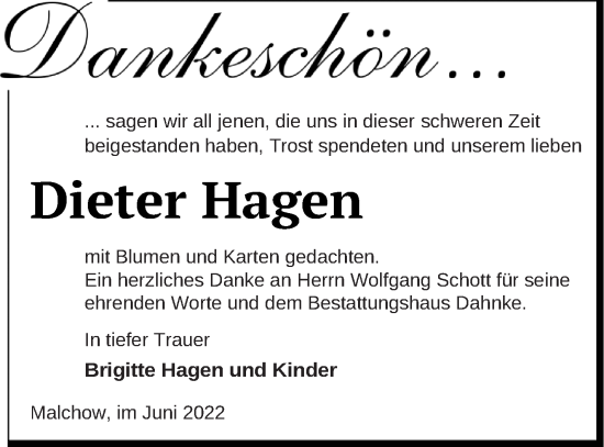 Traueranzeige von Dieter Hagen von Müritz-Zeitung