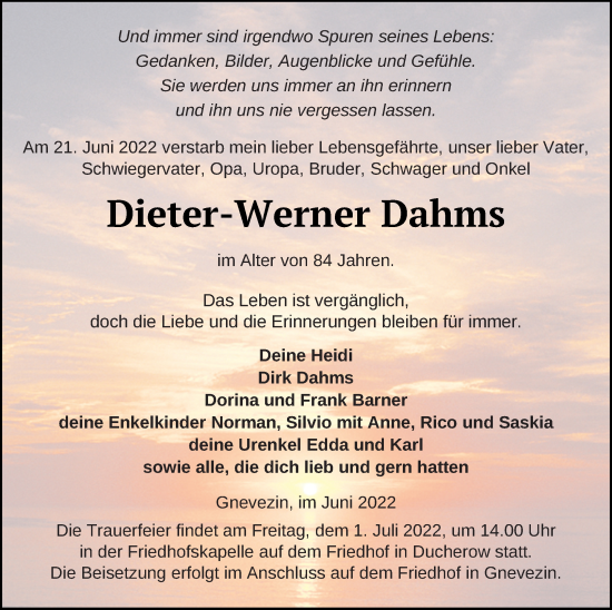 Traueranzeige von Dieter-Werner Dahms von Vorpommern Kurier