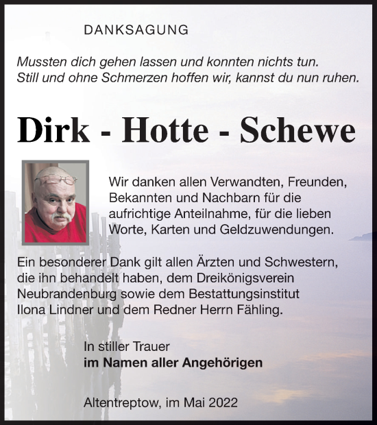 Traueranzeige von Dirk Schewe von Neubrandenburger Zeitung