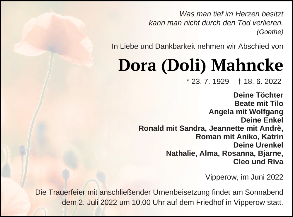  Traueranzeige für Dora Mahncke vom 23.06.2022 aus Müritz-Zeitung