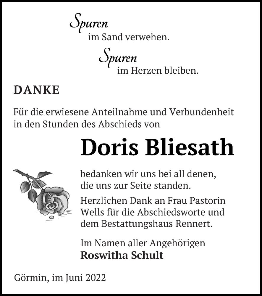  Traueranzeige für Doris Bliesath vom 10.06.2022 aus Vorpommern Kurier