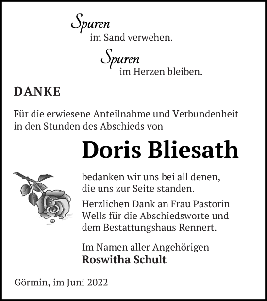 Traueranzeige von Doris Bliesath von Vorpommern Kurier