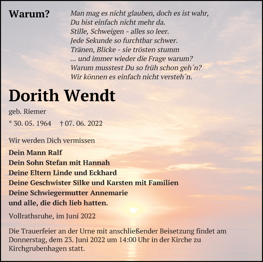  Traueranzeige für Dorith Wendt vom 11.06.2022 aus Müritz-Zeitung