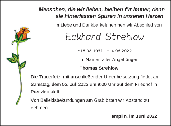 Traueranzeige von Eckhard Strehlow von Templiner Zeitung