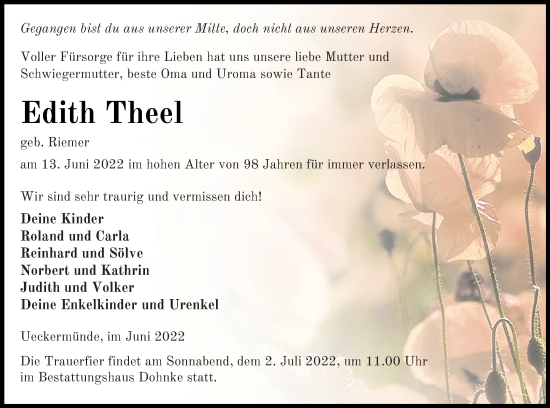 Traueranzeige von Edith Theel von Haff-Zeitung