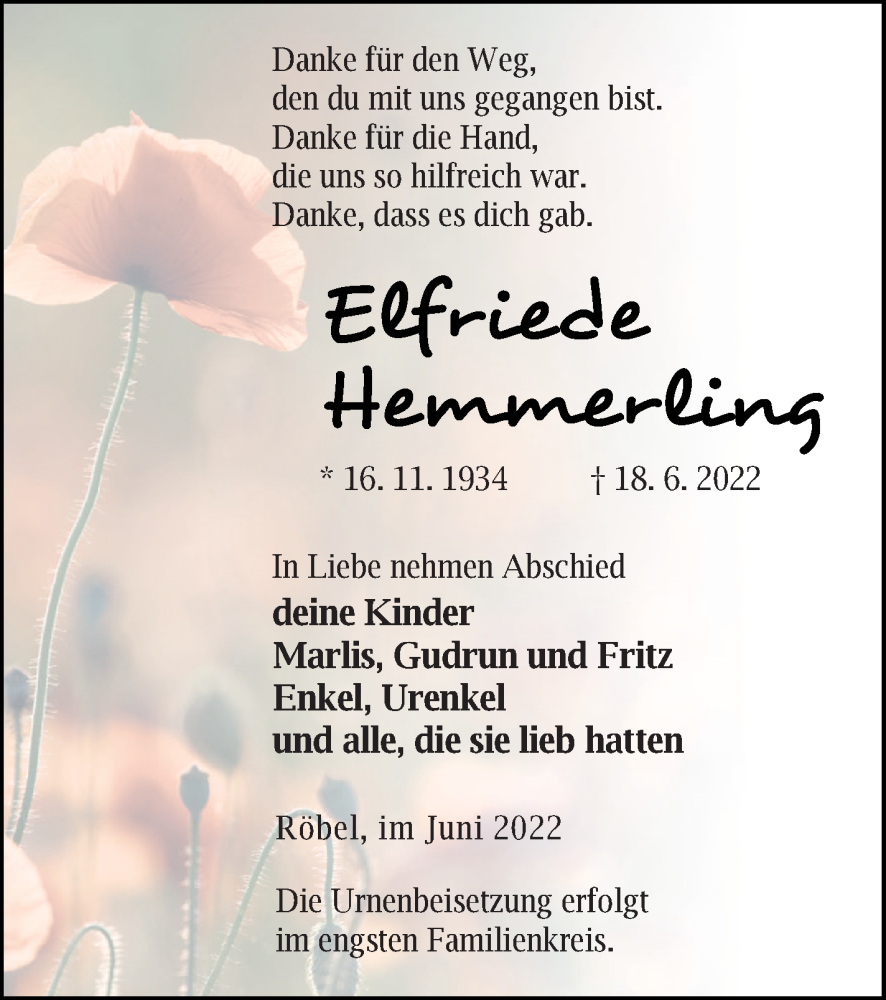  Traueranzeige für Elfriede Hemmerling vom 21.06.2022 aus Müritz-Zeitung