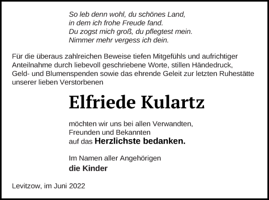 Traueranzeige von Elfriede Kulartz von Mecklenburger Schweiz