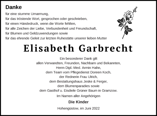 Traueranzeige von Elisabeth Garbrecht von Prenzlauer Zeitung