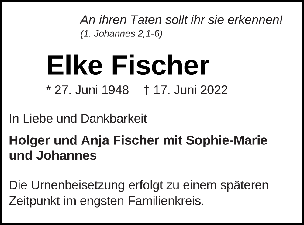  Traueranzeige für Elke Fischer vom 23.06.2022 aus Mecklenburger Schweiz
