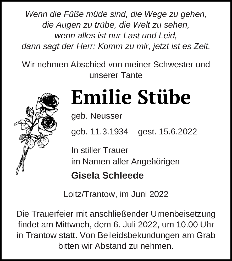  Traueranzeige für Emilie Stübe vom 17.06.2022 aus Vorpommern Kurier