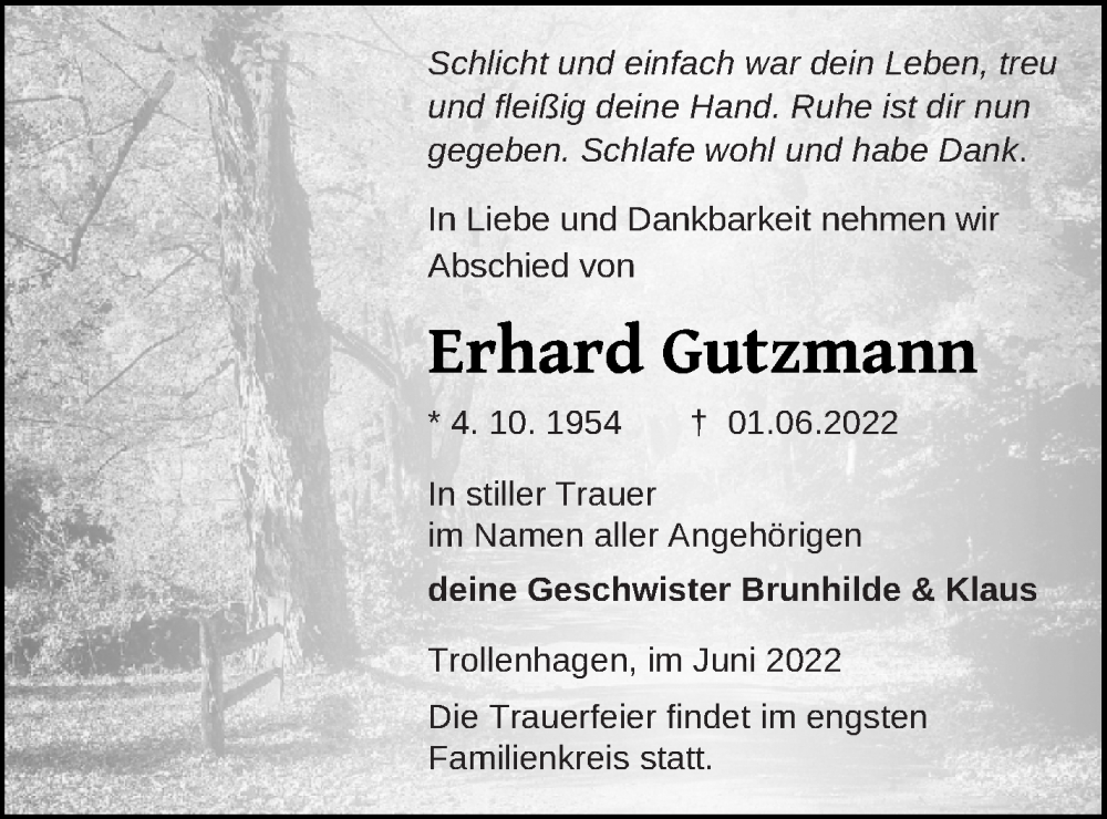  Traueranzeige für Erhard Gutzmann vom 10.06.2022 aus Neubrandenburger Zeitung