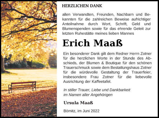 Traueranzeige von Erich Maaß von Vorpommern Kurier