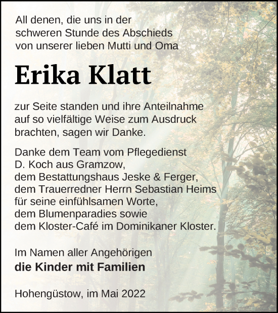 Traueranzeige von Erika Klatt von Prenzlauer Zeitung