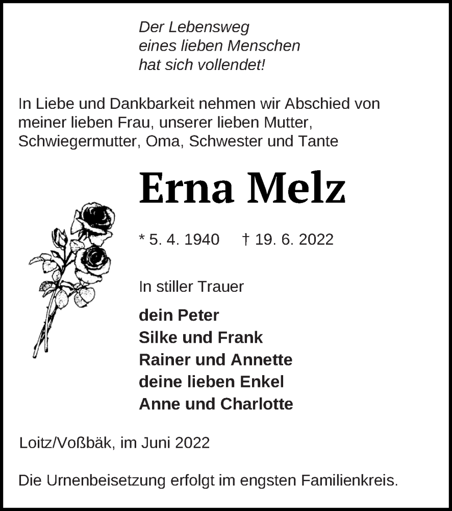  Traueranzeige für Erna Melz vom 22.06.2022 aus Vorpommern Kurier