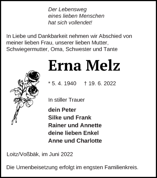 Traueranzeige von Erna Melz von Vorpommern Kurier