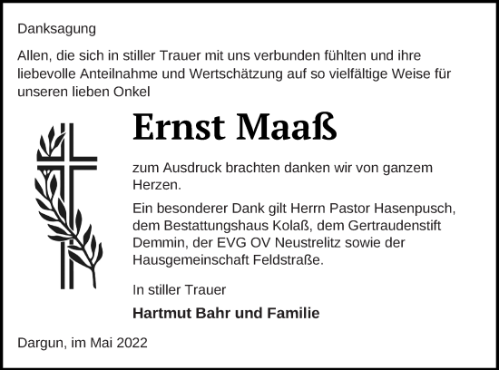 Traueranzeige von Ernst Maaß von Mecklenburger Schweiz