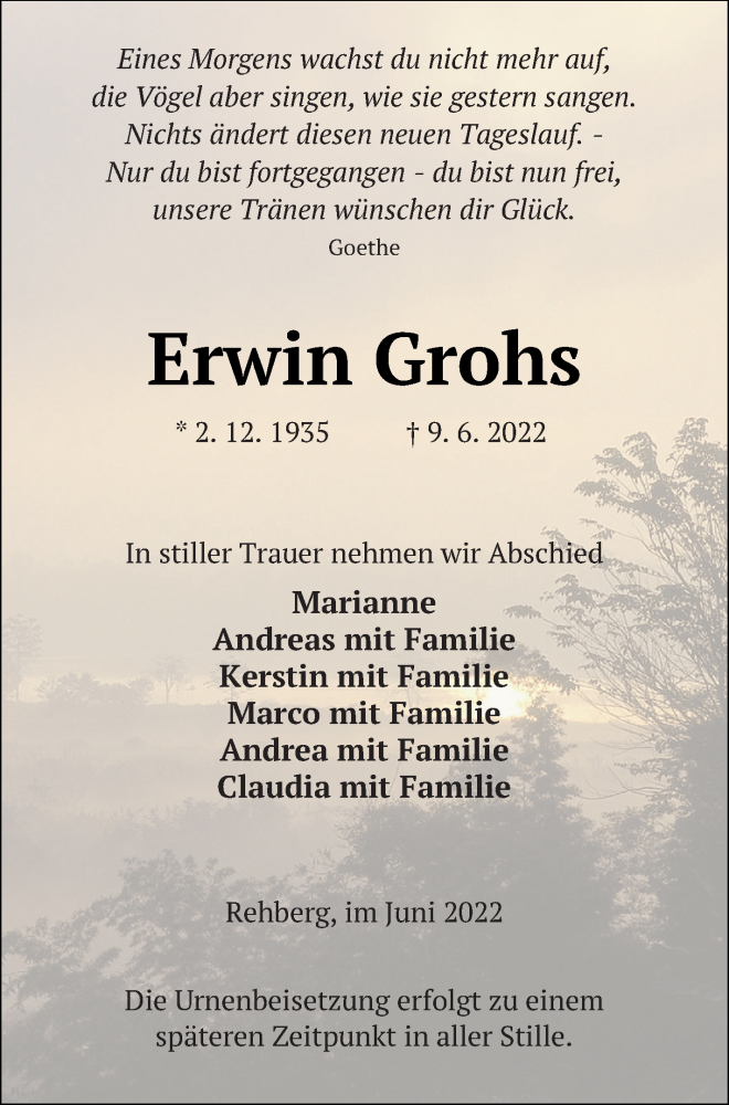 Traueranzeige für Erwin Grohs vom 15.06.2022 aus Neubrandenburger Zeitung