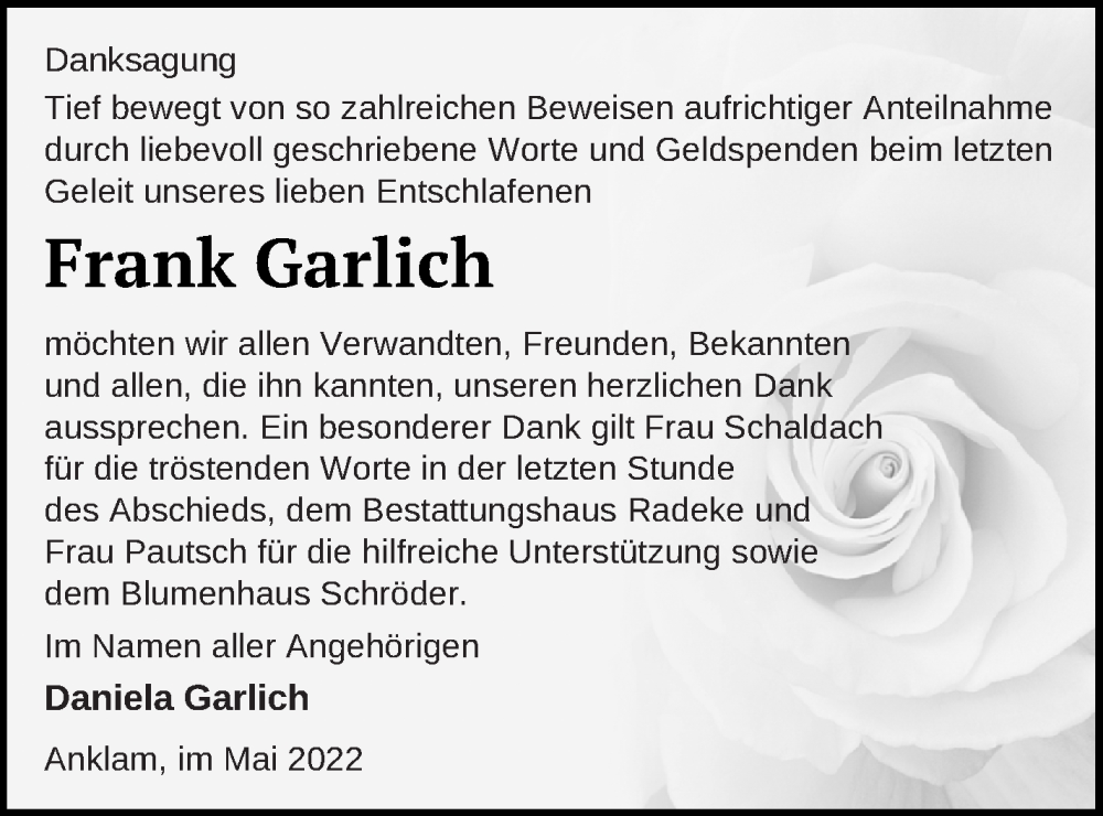  Traueranzeige für Frank Garlich vom 11.06.2022 aus Vorpommern Kurier