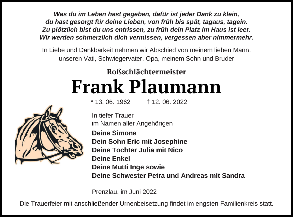  Traueranzeige für Frank Plaumann vom 22.06.2022 aus Prenzlauer Zeitung