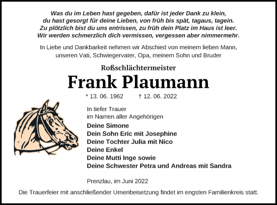 Traueranzeige von Frank Plaumann von Prenzlauer Zeitung