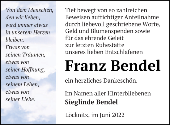 Traueranzeige von Franz Bendel von Pasewalker Zeitung