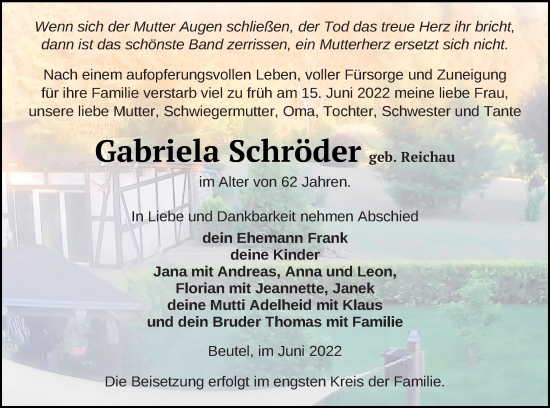 Traueranzeige von Gabriela Schröder von Templiner Zeitung