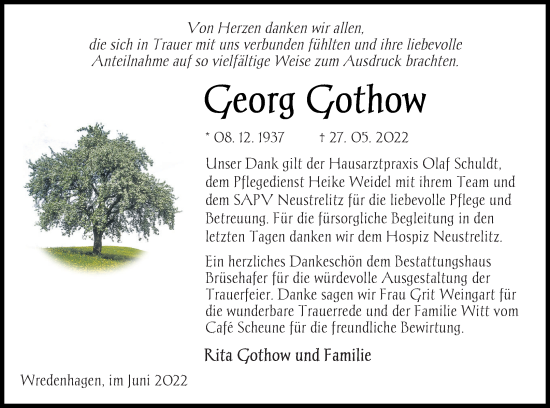 Traueranzeige von Georg Gothow von Müritz-Zeitung