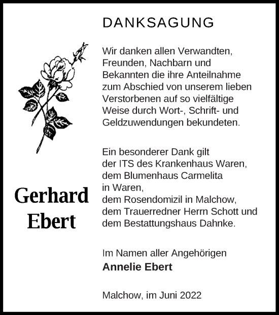 Traueranzeige von Gerhard Ebert von Müritz-Zeitung