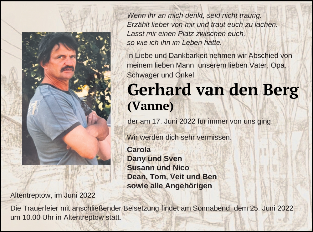  Traueranzeige für Gerhard van den Berg vom 22.06.2022 aus Neubrandenburger Zeitung