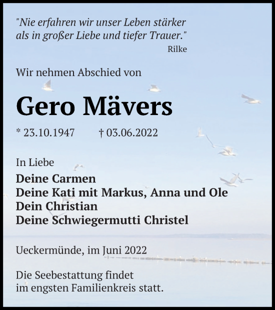 Traueranzeige von Gero Mävers von Haff-Zeitung