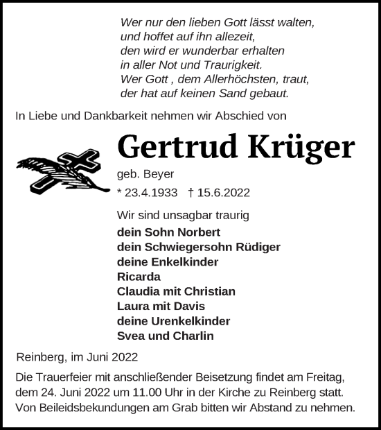 Traueranzeige von Gertrud Krüger von Neubrandenburger Zeitung