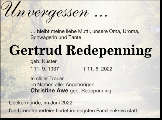 Traueranzeige von Gertrud Redepenning von Haff-Zeitung