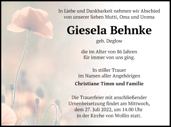 Traueranzeige von Giesela Behnke von Pasewalker Zeitung