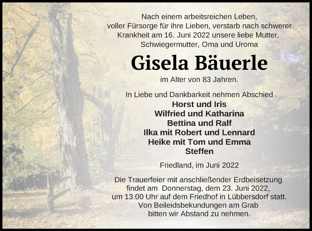  Traueranzeige für Gisela Bäuerle vom 21.06.2022 aus Neubrandenburger Zeitung