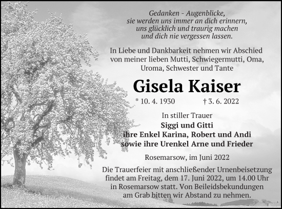 Traueranzeige von Gisela Kaiser von Neubrandenburger Zeitung